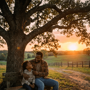 Father and son sitting on a bench under a large tree at sunset, smiling and looking at each other