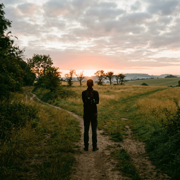 Person standing at a fork in a dirt path in the countryside at sunset